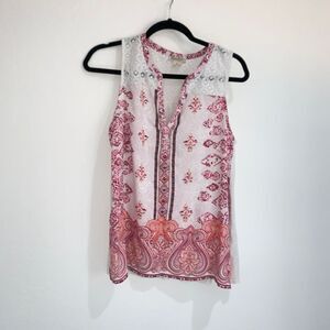 Lucky brand red ad white crotchet paisley print tank top size medium